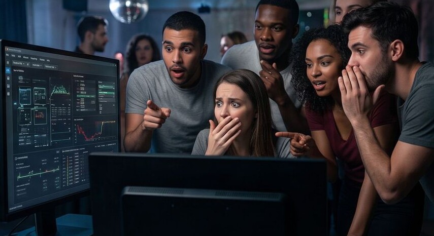 Party guests reacting in shock and laughter while watching live biometric response data on a big screen