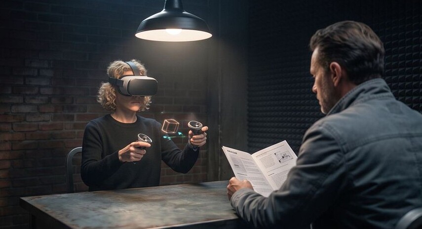 Person in VR headset holding controllers while a teammate reads the defusal manual under a hanging lamp