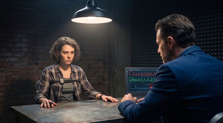 Guest seated under a spotlight with biometric sensors while the interrogator reviews live waveforms