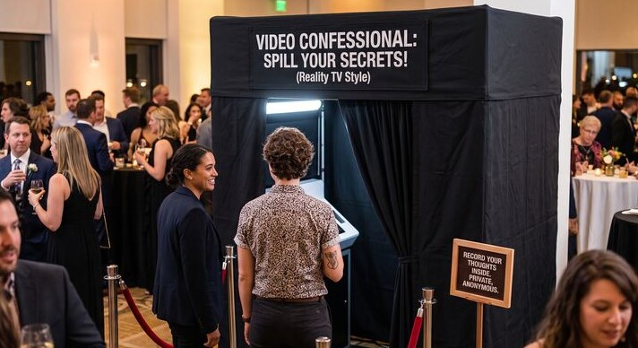 Private video confessional booth at a party with guests nearby