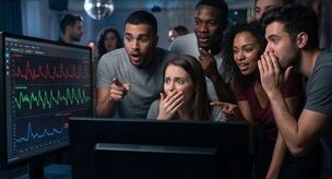 Group of friends pointing at the live response monitor in disbelief