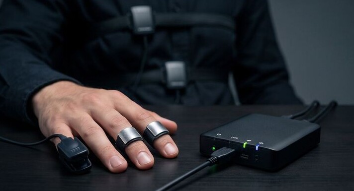 Close-up of biometric sensors on a hand connected to the response unit