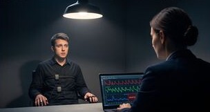 Interrogation scene with guest wired up under a single lamp while waveforms display on the laptop
