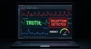 Laptop screen showing Truth and Deception Detected verdict with biometric waveforms