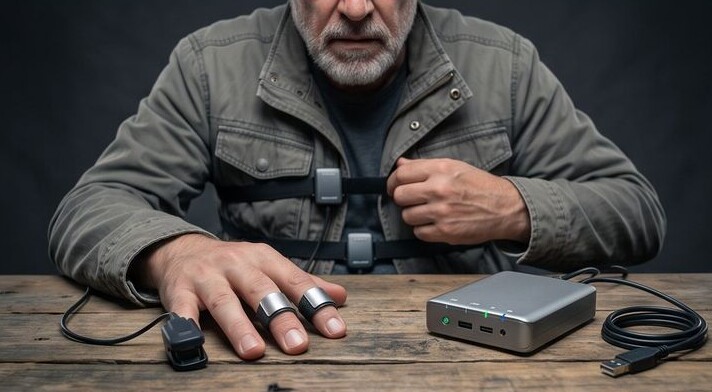 Guest adjusting the chest and finger sensors of the biometric response system